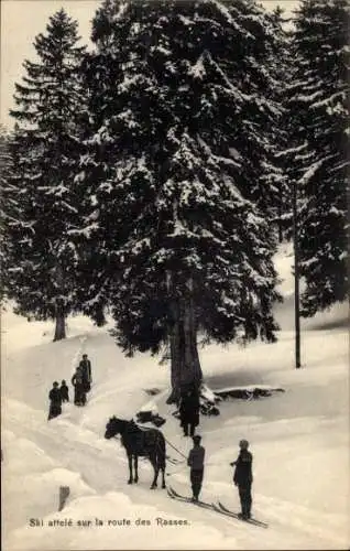 Ak Les Rasses Bullet Kt. Waadt, Ski affele sur la Route des Rasses, Winter