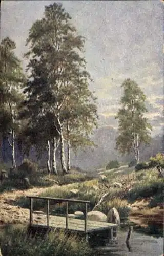 Künstler Ak Landschaftsmotiv, Birken, Wegpartie, Steg am Wasser