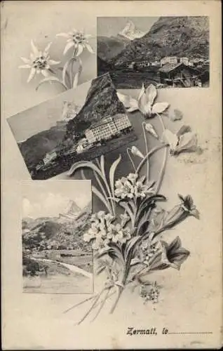 Ak Zermatt Kanton Wallis Schweiz, Bilder von  Matterhorn, zahlreiche Blumenmotive