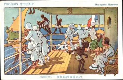 Künstler Ak Djibouti Dschibuti, Croiquis d'Escale, Messageries Maritimes, A la mer