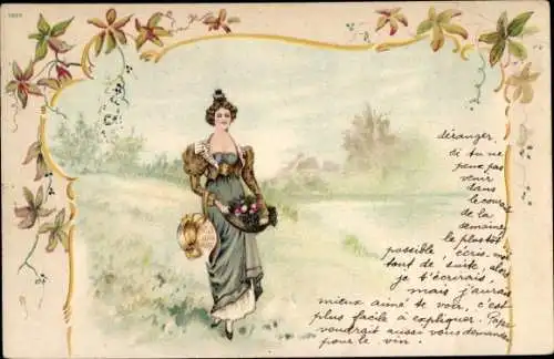 Ak Frau mit Obstschale, Herbstlaub