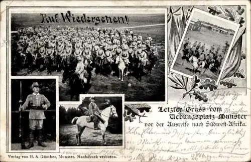 Ak Munster an der Örtze, Ausreise nach Südwest Afrika, Soldaten zu Pferd