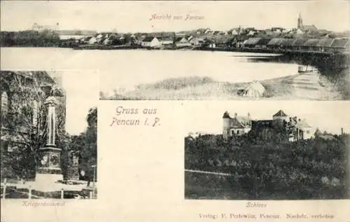 Ak Penkun in Vorpommern, Gesamtansicht, Kriegerdenkmal, Schloss