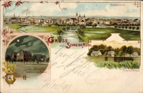 Litho Piła Schneidemühl Pommern, Gesamtansicht, Taubstummen-Anstalt, Motylewobrück