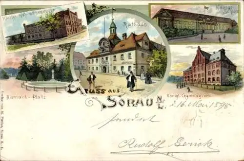 Litho Żary Sorau Niederlausitz Ostbrandenburg, Gymnasium, Schloss, Rathaus, Webschule