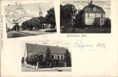 Ak Hohenholz Krackow in Vorpommern, Kirche, Schloss vom Garten aus, Post