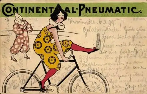 Litho Continental Pneumatik, Frau in Harlekin-Kostüm auf einem Fahrrad, Reklame