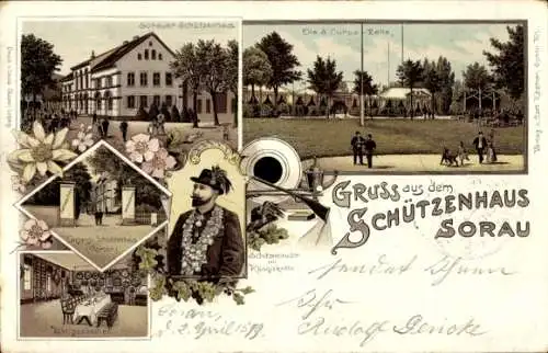 Litho Żary Sorau Niederlausitz, Schützenhaus, Corps-Zelte, Königszimmer, Schützenbruder