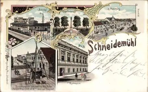Litho Piła Schneidemühl Pommern, Bahnhof, Kriegerdenkmal, Marktplatz, Gymnasium, Brunnenunglück