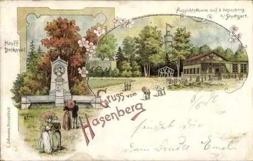 Litho Hasenberg Stuttgart in Württemberg, Hauff-Denkmal, Aussichtsturm