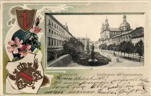 Präge Wappen Passepartout Ak Mannheim in Baden, Schillerplatz, Jesuitenkirche