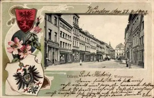Präge Wappen Passepartout Ak Düren im Rheinland, Weierstraße, Geschäfte