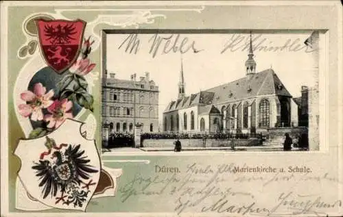 Präge Wappen Passepartout Ak Düren im Rheinland, Marienkirche, Schule