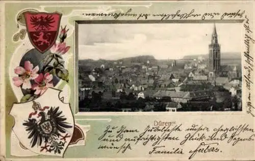 Präge Wappen Passepartout Ak Düren im Rheinland, Gesamtansicht, Kirche