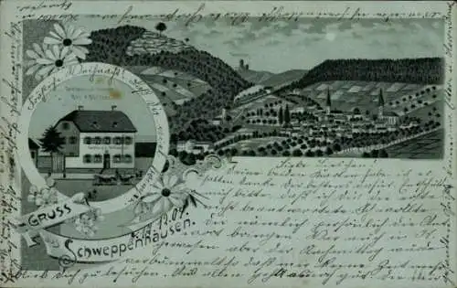 Mondschein Litho Schweppenhausen in der Pfalz, Gesamtansicht, Gasthaus