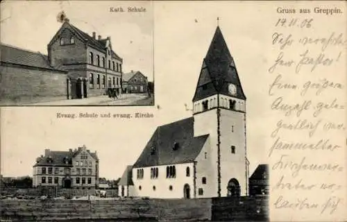 Ak Greppin Wolfen in Sachsen Anhalt, Kath. Schule, Evangelische Schule, Ev. Kirche
