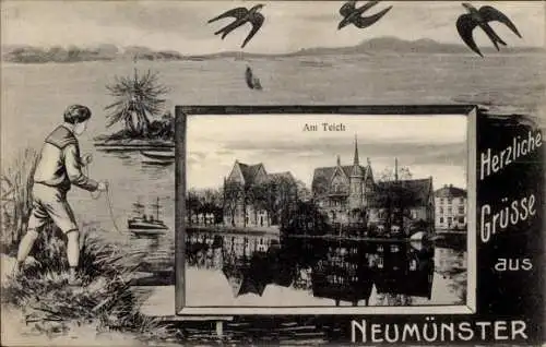 Passepartout Ak Neumünster in Holstein, Am Teich, Junge in Matrosenhemd, Modellboot