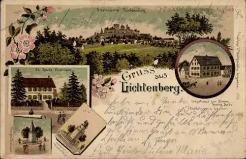 Litho Lichtenberg Elsass Bas Rhin, Gesamtansicht, Gasthaus zur Sonne, Denkmal, Dichterheim