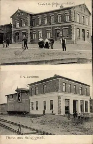 Ak Scheggerott in Schleswig-Holstein, Bahnhof, Geschäftshaus J. Fr. Carstensen