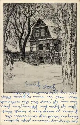 Künstler Ak Buhla im Eichsfeld, Gebäude, Winteransicht