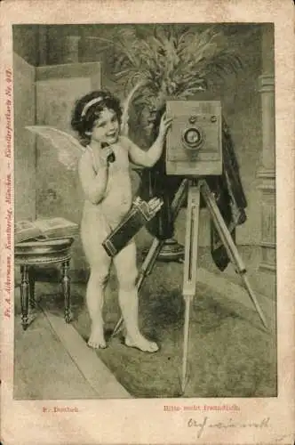 Künstler Ak Doubek, F., Bitte recht freundlich, Liebesengel mit Fotoapparat