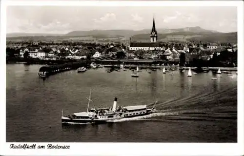 Ak Radolfzell am Bodensee, Stadtansicht, Bodensee, Dampfschiff, Kirche, Segelboote