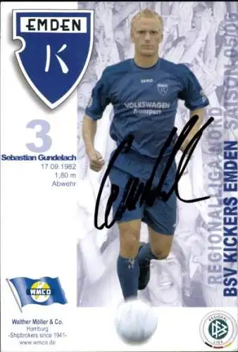 Autogrammkarte Fußballer Sebastian Gundelach, BSV Kickers Emden, Autogramm