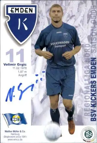 Autogrammkarte Fußballer Velimir Grgic, BSV Kickers Emden, Autogramm