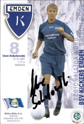 Autogrammkarte Fußballer Uwe Sokolowski, BSV Kickers Emden, Autogramm