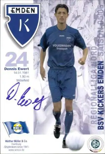 Autogrammkarte Fußballer Dennis Ewert, BSV Kickers Emden, Autogramm