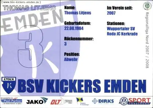 Autogrammkarte Fußballer Thomas Litjens, BSV Kickers Emden, Autogramm