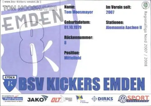 Autogrammkarte Fußballer Tom Moosmayer, BSV Kickers Emden, Autogramm