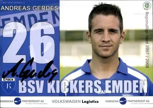 Autogrammkarte Fußballer Andreas Gerdes, BSV Kickers Emden, Autogramm
