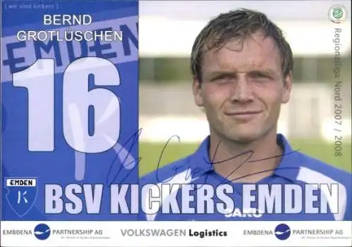 Autogrammkarte Fußballer Bernd Grotlüschen, BSV Kickers Emden, Autogramm