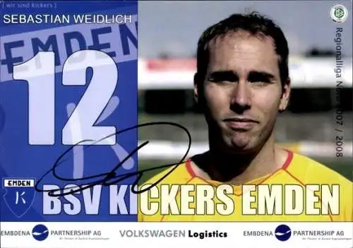 Autogrammkarte Fußballer Sebastian Weidlich, BSV Kickers Emden, Autogramm