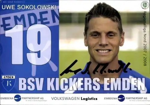 Autogrammkarte Fußballer Uwe Sokolowski, BSV Kickers Emden, Autogramm