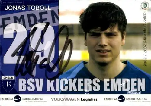 Autogrammkarte Fußballer Jonas Toboll, BSV Kickers Emden, Autogramm
