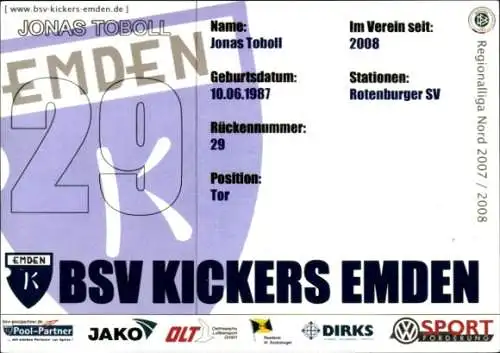 Autogrammkarte Fußballer Jonas Toboll, BSV Kickers Emden, Autogramm