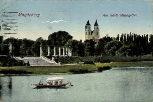 Ak Magdeburg an der Elbe, Adolf Mittag See, Türme, Treppe, Boot