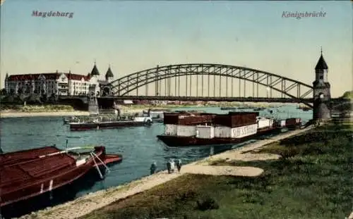 Ak Magdeburg in Sachsen Anhalt, Flusspartie mit Königsbrücke, Suhr's Strombad