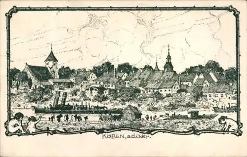 Künstler Ak Chobienia Köben an der Oder Schlesien, Historische Stadtansicht