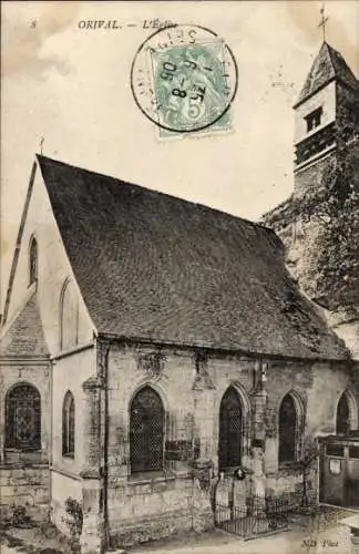 Ak Orival Seine Maritime, Kirche, steinernes Gebäude, gotische Fenster, Turm