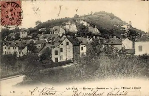 Ak Orival Seine Maritime, Historische Häuser, Hügel, beschriftete Bereiche, Landschaft, Postkarte