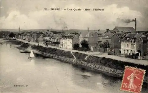 Ak Oissel Seine Maritime, Stadtansicht mit Fluss, Schiffe, Häuser, Wolken, Postkarte