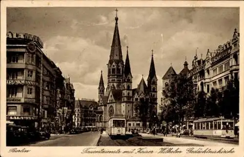 Ak Berlin Charlottenburg, Kaiser Wilhelm Gedächtniskirche, Tauentzienstraße, Straßenbahn