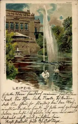 Ak Leipzig, Sächsisch Thüringische Ausstellung 1897, Theaterterrasse, schwanenbewohnter Teich,...