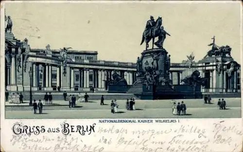 Ak Berlin Tiergarten, Nationaldenkmal Kaiser Wilhelms I., Menschen, Reiterstatue, Architektur