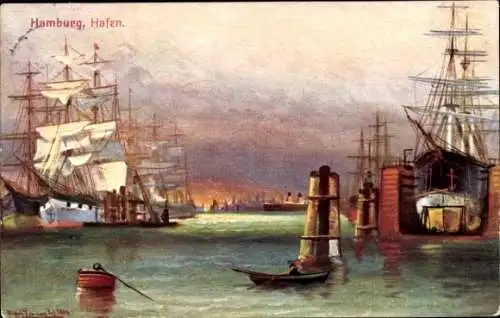 Künstler Ak Jensen, Alfred, Im Dock, Hamburger Hafen, Segelschiffe