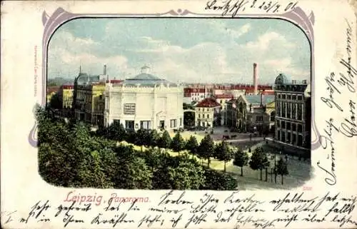 Ak Leipzig, Sächsisch Thüringische Ausstellung 1897, Panoramaansicht von  Bäume, Gebäude, Post...