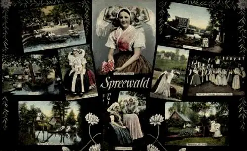 Ak Spreewald, Spreewälderin in Tracht, Verschiedene Ansichten im  Frauen in traditioneller Tra...